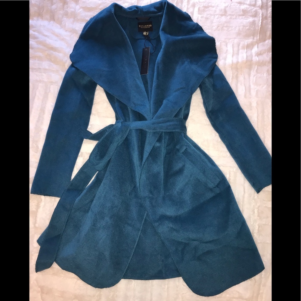 Revamped jacket blue soft suede-like feel, with belt